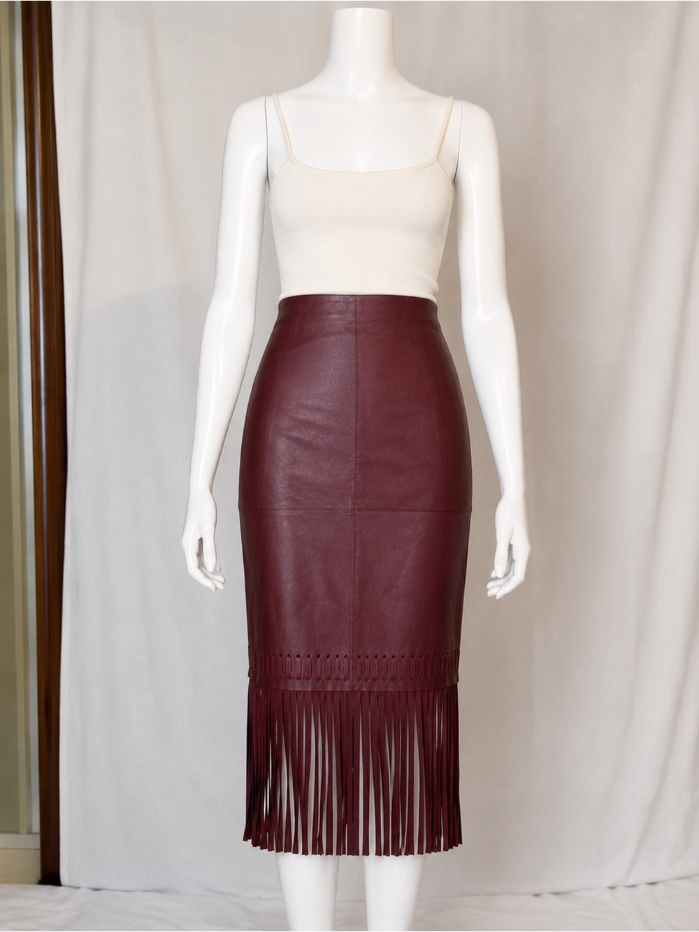 Elizabeth and James Burgundy Fringe Leather Midi Skirt